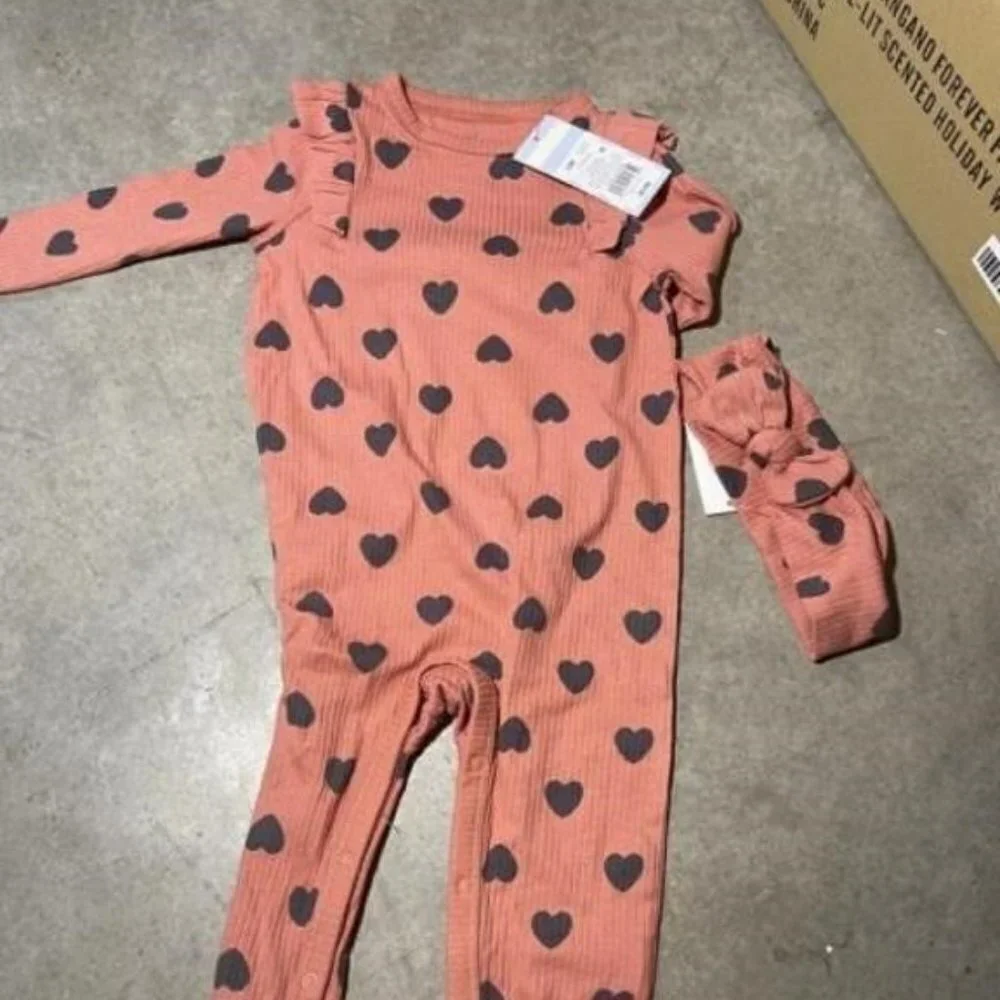 BOGO Cat & Jack Outfit w/Matching Headband Salmon pink purple heart 12 month NWT
